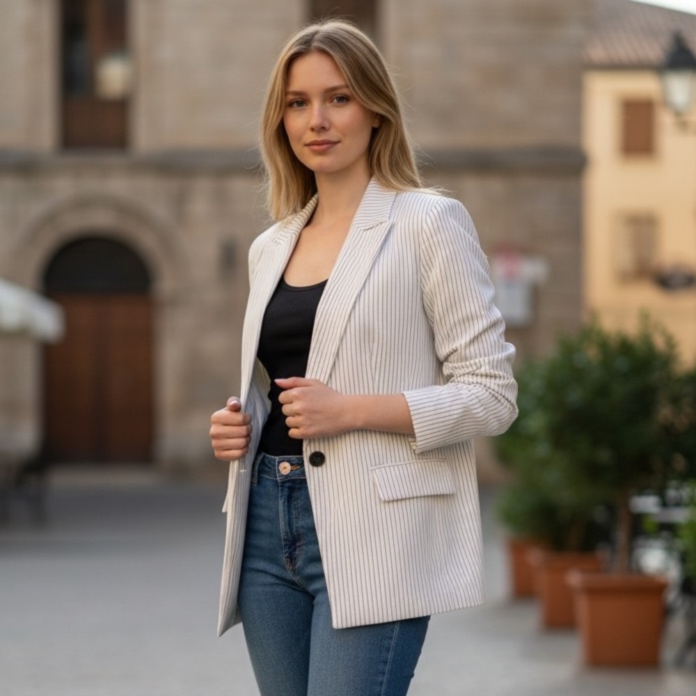 NWT ELIE TAHARI Ivory Pinstripe Blazer Single Button Peak Lapel Tailored Jacket